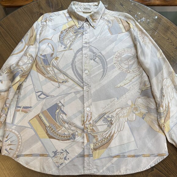 HERMES Vintage Face au Large Margiela Blue Ivory Silk Blouse FR48 Women XL 16 18 - Picture 4 of 16